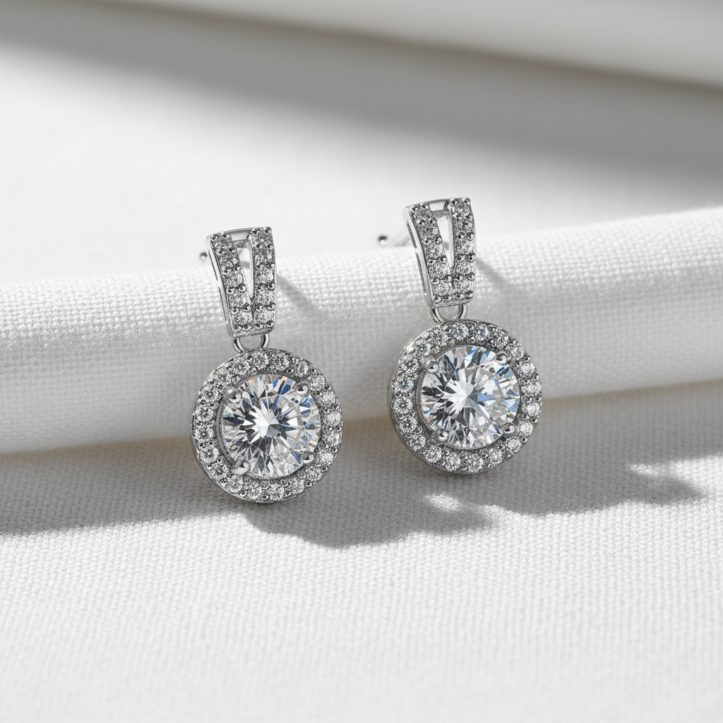 Moissanite earrings on white fabric