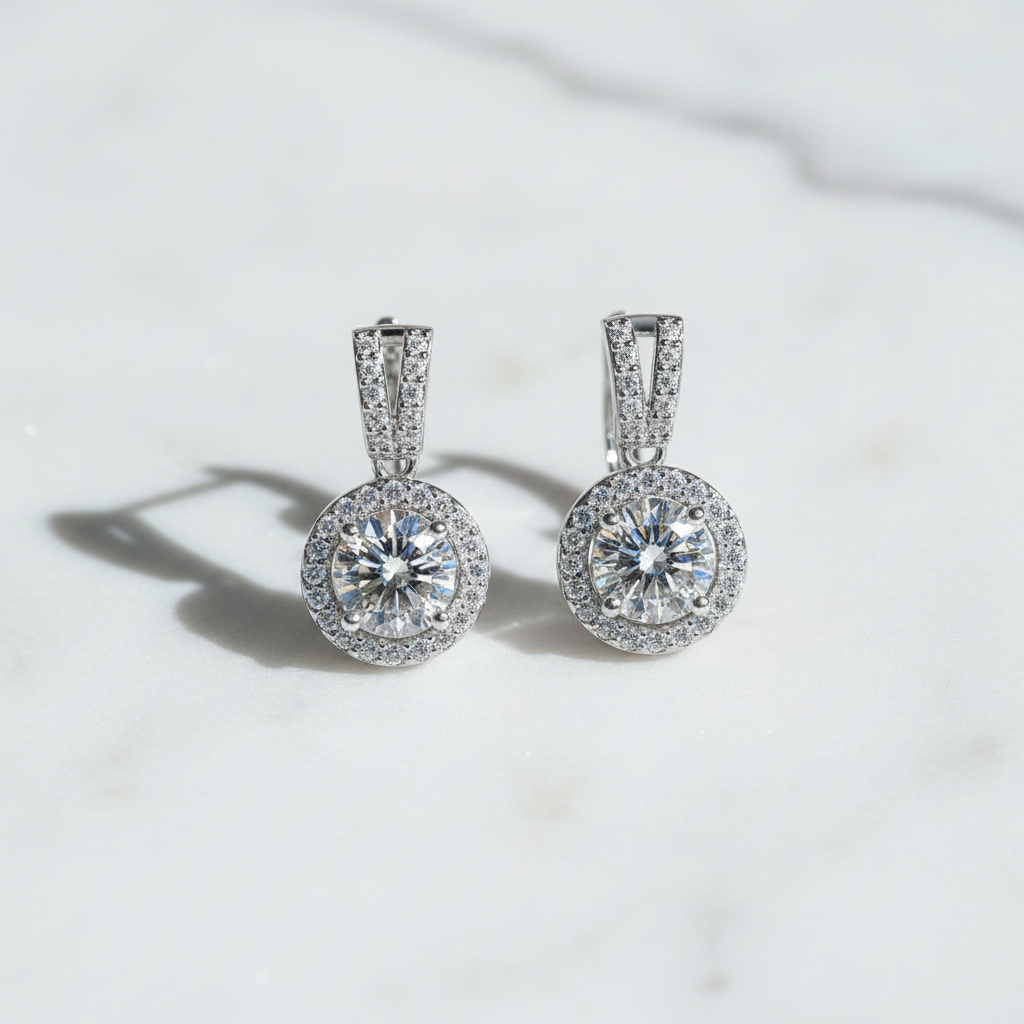 Moissanite earrings on white marble