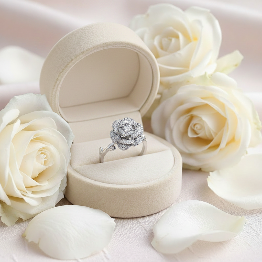 Ring in ivory velvet box with roses