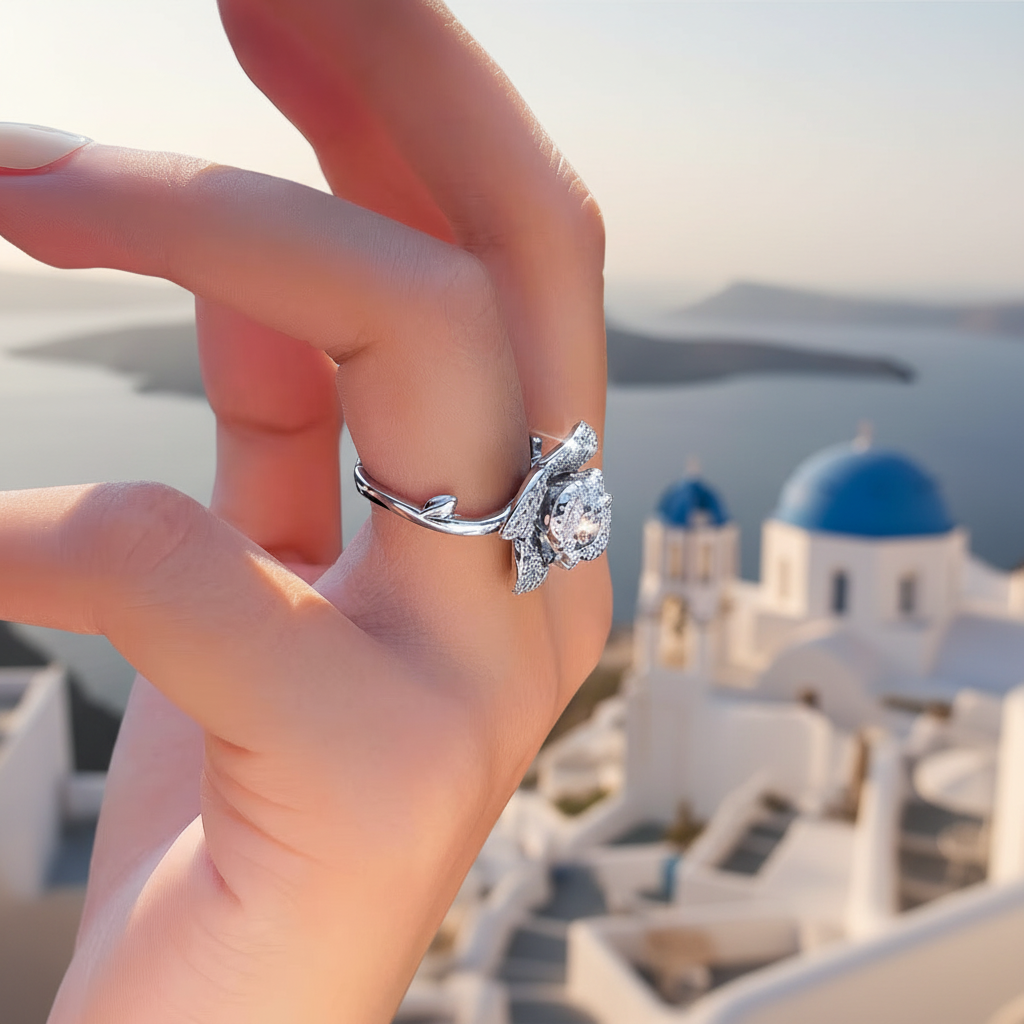 Ring on index finger in Santorini