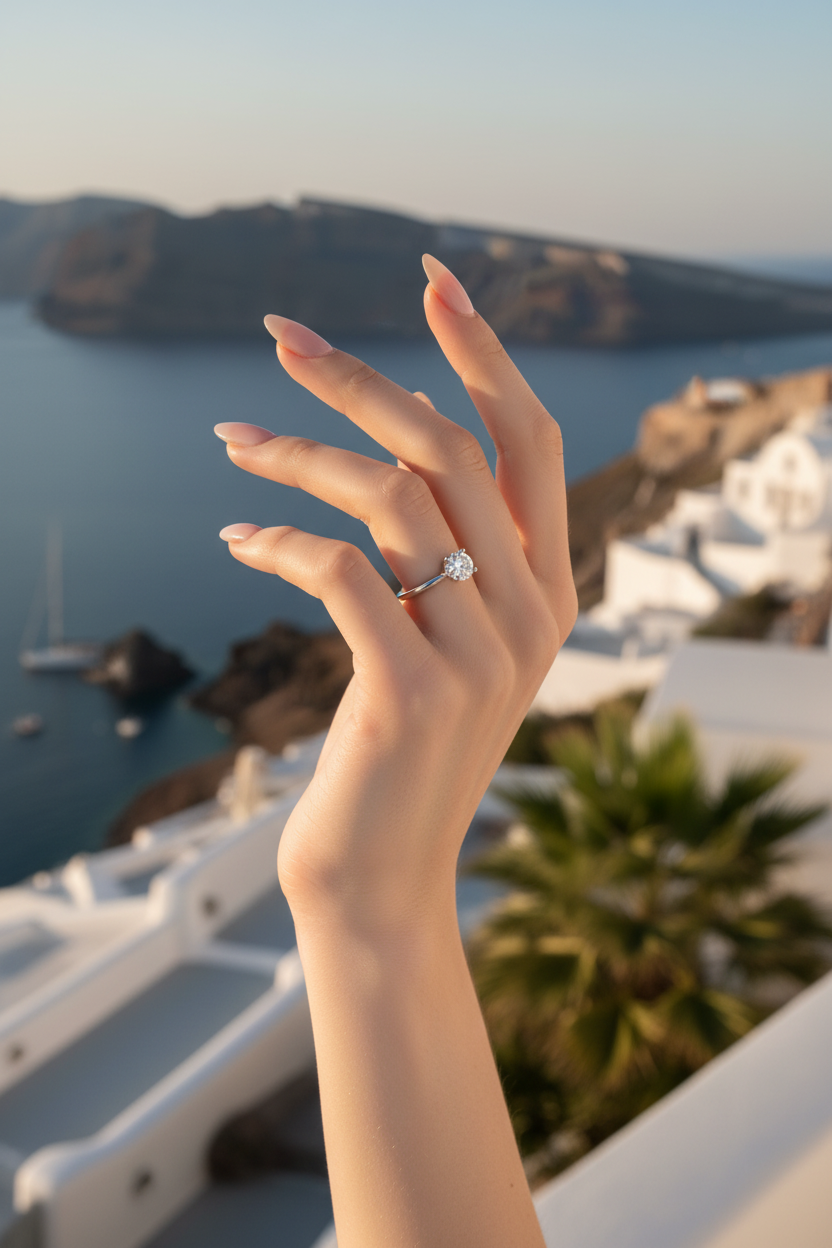 Ring on ultra slender elegant fingers Greek island