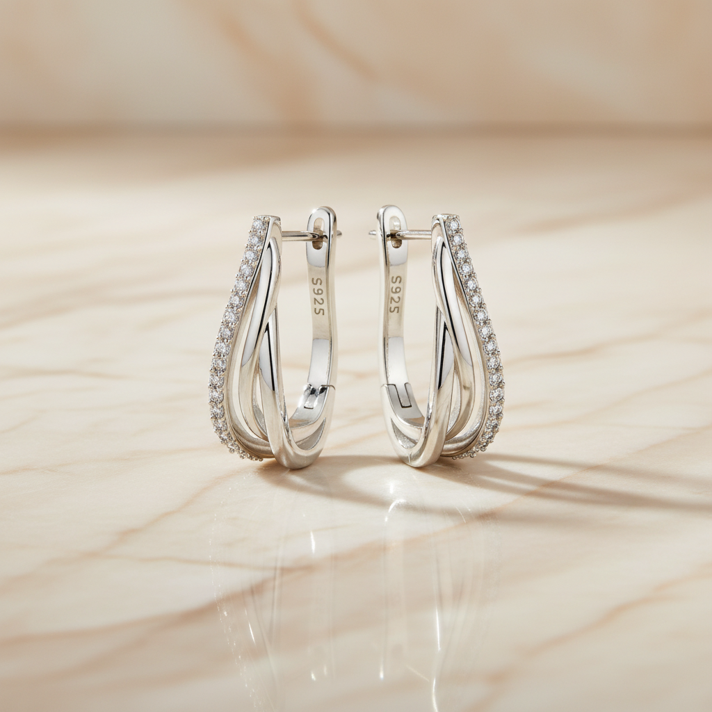 Silver earrings on marble surface